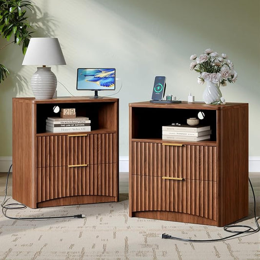 Evermagin Fluted Nightstand Set of 2 with Charging Station, Walnut Bedside Table with 2 Drawers, Wood End Table with Storage Mid Century Modern, Large Night Stand for Bedroom