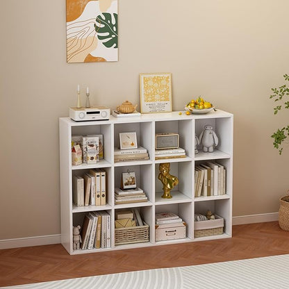 OSCHF 12-Cube Storage Shelf Bookcase - Wooden 3-Tier Floor Standing Open Bookshelf for Home and Office, Display Cabinet, Warm White