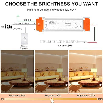 Dimmable LED Driver 12V DC 60W Triac Constant Transformer 120V AC to 12Volt DC Input/Output Isolation Protection 60Watt LED Power Supply Lighting Low Voltage Dimmer for Strip Light Model Vec1