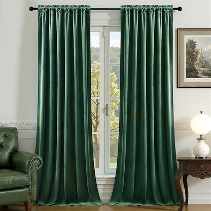 Velvet Curtains 102 Inches Long for Bedroom, Super Soft Room Darkening Thermal Insulated Curtains Luxury Window Drapes for Living Room Nursery, Back Tab Rod Pocket, Dark Green, W52 x L102, 2 Panels