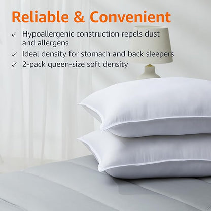 Amazon Basics Down Alternative Pillows, Soft Density for Stomach and Back Sleepers, Queen - Pack of 2, White, 30 in L x 20 in W