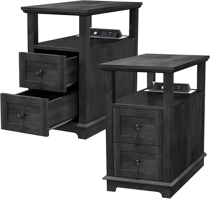 HIFYOBRO Narrow End Table with Flip Top Charging Station Set of 2, Side Table with 2 Drawers, Type-C & USB Port & Power outlets, Wooden Storage Cabinet for Living Room and Bedroom