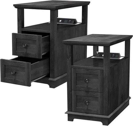 HIFYOBRO Narrow End Table with Flip Top Charging Station Set of 2, Side Table with 2 Drawers, Type-C & USB Port & Power outlets, Wooden Storage Cabinet for Living Room and Bedroom