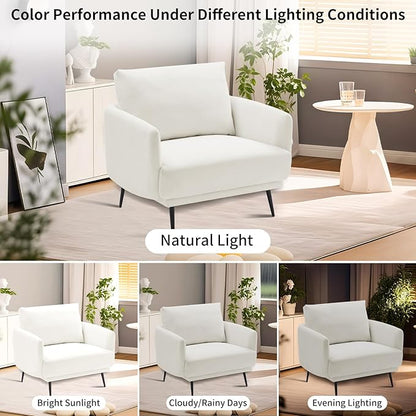 Oversized Accent Chair for Living Room Cozy Reading Chairs Mid-Century Modern Accent Chairs Armchair with Metal Legs Single Sofa Chair for Home Office (Set-of-2, Polyester Fabric- Pearly White)