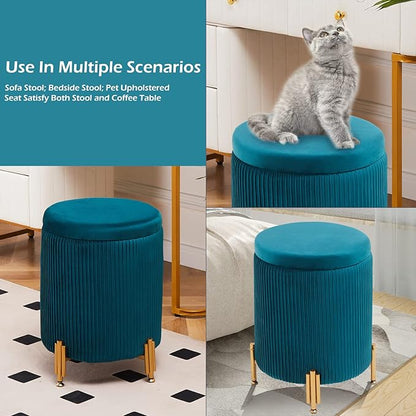 Mxfurhawa Round Ottoman Foot Stool with Storage and Metal Legs for Living Room Bedroom, Velvet Upholstered Footrest Stool Support 300lbs Modern Padded Seat Ottoman Coffee Table (Teal)