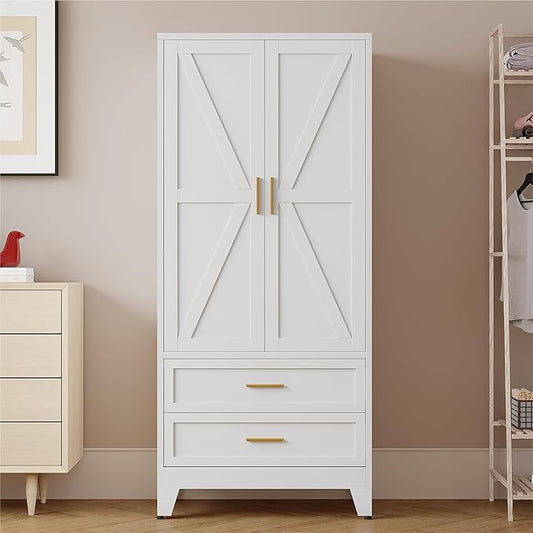 Wardrobe Closet, Metal Armoire with Drawers - 71 Inch Tall Freestanding Cabinet with Adjustable Shelves and Removable Closet Rod, Easy Assembly for Bedroom Apartment Dorm Garage,White