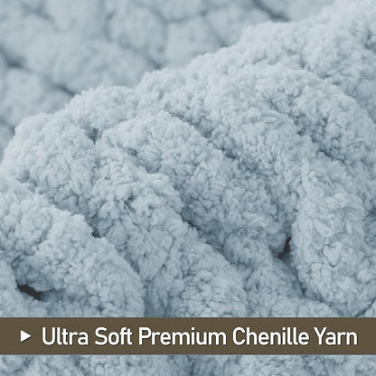 Chunky Knit Throw Blanket 50"X 60", 100% Handmade with Soft Chenille Yarn, 4.4lbs Thick Cable Knitted Blankets, Large Rope Knot Crochet Throws for Couch Sofa Bed Home Decor, Baby Blue