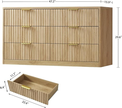 TEENFON Fluted 6 Drawer Dresser for Bedroom, Wide Modern Chest of Drawers with Metal Handle, Curved Profile Design, Wood Closet Clothes Storage Organizer for Bedroom, Living Room, Hallway, Natural