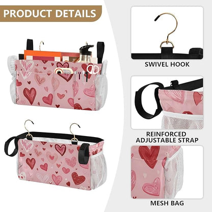 Bedside Caddy Hanging Bunk Bed Caddy Bed Organizer Hanging Pocket with 2 Hooks Bedside Storage Organizer Pocket Bag Holder Pink Cute Hearts