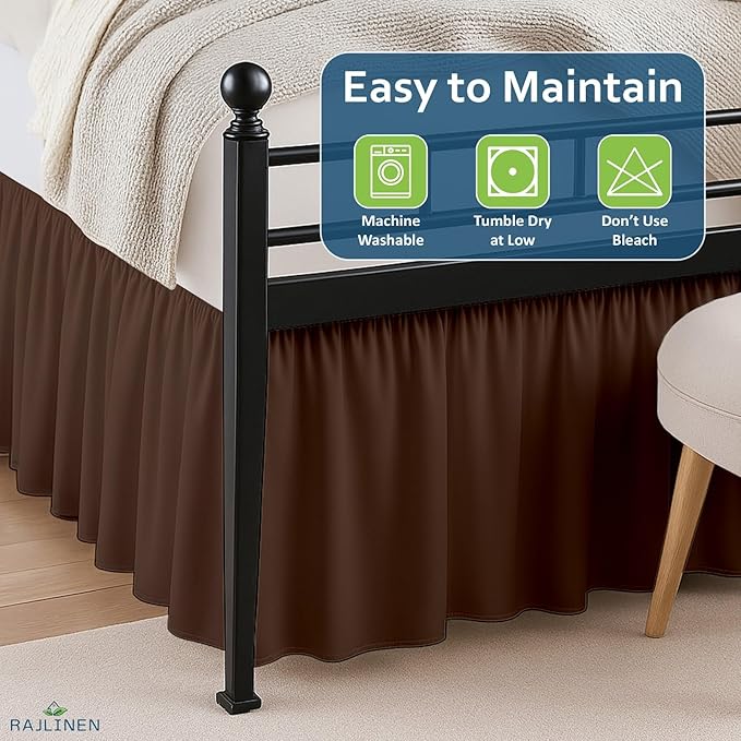 Rajlinen Ruffled Bed Skirt Twin, 12 Inch Drop Dust Ruffle with Split Corners, 100% Microfiber Bedskirt with Platform, Three-Sided Coverage Ruffled Gathering Design, Chocolate