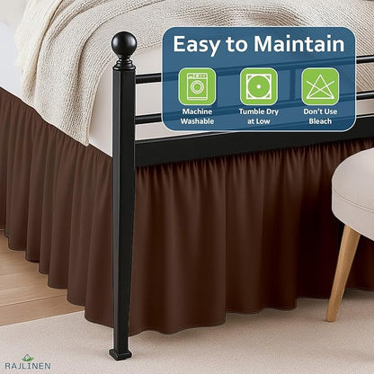 Rajlinen Ruffled Bed Skirt Queen, 14 Inch Drop Dust Ruffle with Split Corners, 100% Microfiber Bedskirt with Platform, Three-Sided Coverage Ruffled Gathering Design, Chocolate