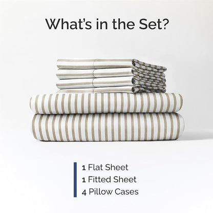 Full 6 Piece Sheet Set - Cooling, Comfy & Breathable - Hotel Luxury Bedding, Includes Fitted Sheet for Women, Men, Kids & Teens - 1 Flat, 1 Fitted Sheet, 4 Pillowcases w/Deep Pockets - Beige Stripes