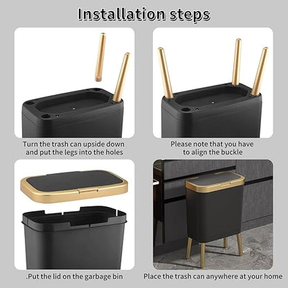 Procade 2Pack Trash Can with Lid, Modern Bedroom Garbage Can with Gold Edge, Slim Kitchen Garbage Bin，4 Gallon Trash Bin Plastic Waste can for Office, Living Room,Toilet,Bathroom (Black+White)