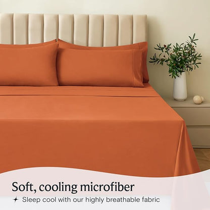 LuxClub 4 PC King Sheet Set, Deep Pockets Wrinkle Free Cooling Bed Sheets Hotel Bedding for Women, Men, Includes 1 Fitted Sheet, 1 Flat Sheet and 2 Pillowcases-Silky Soft Autumn Orange
