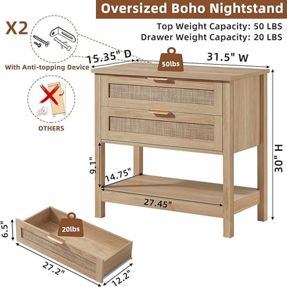 LEYAOYAO 31.5" Wide Rattan Night Stands Set 2, Oversized Large Boho Nightstand with 2 Drawer, Natural Wood Bed Side End Tables with Storage Shelf, Tall Bedside Table for Bedroom Living Room, Hallway