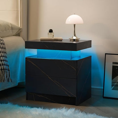 LED Bedside Table with 2 Drawers, Modern Nightstand Cabinet for Bedroom, End Side Table with Lights