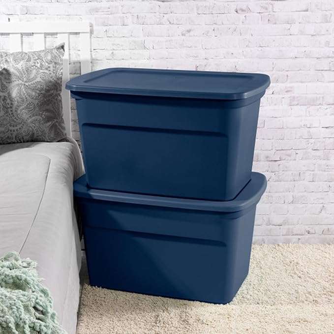 Sterilite 18-Pack Tote, Plastic Storage Bins with Snap Lids, 30 Gallon, Marine Blue - Stackable Home Organizers with In-Molded Handles for Bedroom, Garage, Basement and Attic
