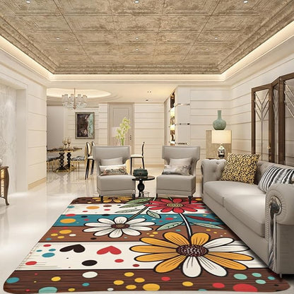 Machine Washable 5' x 8' Bohemian-Style Area Rug, Flowers Floor mat, Suitable for bedrooms, Girls' Room Bedside, Living Room, Dining Room, Office, Non-Slip Low-Pile Retro, Fashionable Carpet