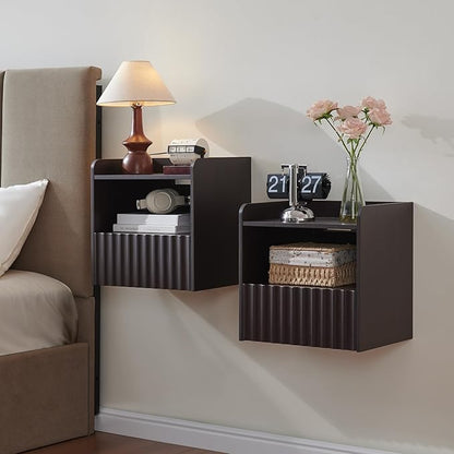 Modern Fluted Floating Nightstand Wall Mounted Set of 2- Bedside Table with Storage Drawer & Display Shelf, Minimalist Bedroom Furniture for Studio Apartments(Espresso)
