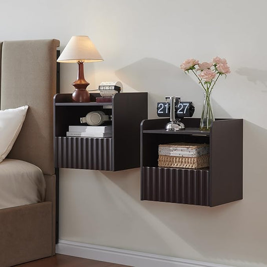 Modern Fluted Floating Nightstand Wall Mounted Set of 2- Bedside Table with Storage Drawer & Display Shelf, Minimalist Bedroom Furniture for Studio Apartments(Espresso)