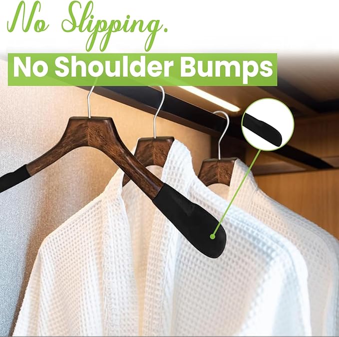 Premium Luxe Wooden Hangers for Women, Wide Shoulder Design for Dresses, Skirts, Sweaters & Blouses, Heavy Duty with Velvet Grip, Mahogany with Black Velvet, 30 pcs