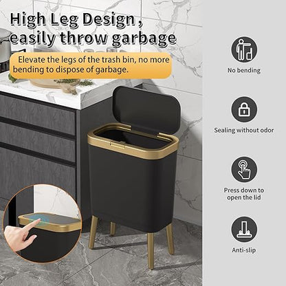 Procade 2Pack BathroomTrash Can with Lid, Modern Garbage Bin for Kitchen, 4 Gallon Garbage Can with Gold Edge, Plastic Trash Bin Waste Basket for Bedroom, Living Room,Office(Black+Green)
