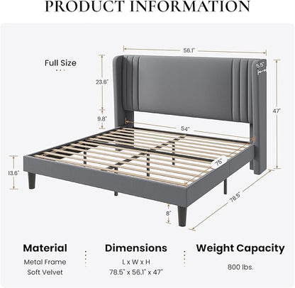 SHA CERLIN Full Size Velvet Upholstered Platform Bed Frame with Vertical Channel Tufted Wingback Headboard, Wooden Slats Support, Easy Assembly, Under Bed Storage, No Box Spring Required, Grey