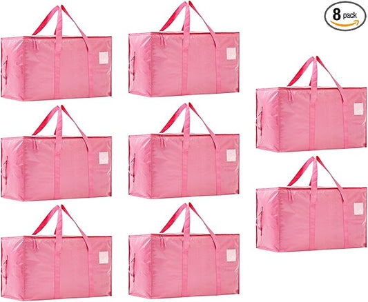 Moving Bags Heavy Duty Extra Large, Moving Boxes, Moving Supplies Essentials,Storage Bins with Lids, Plastic Packing Totes, Storage Bags for Clothes with Handles & Zippers(Pink, 8 Pack)