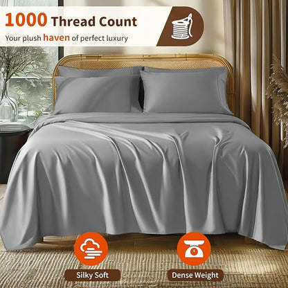 LBRO2M 1000 Thread Count 100% Egyptian Cotton Sheets Set 6 Piece Sets California King Bed Sheet Deep Pocket Sheet Set 16" Soft Comfortable All Season (California King, Gray)