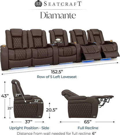 Seatcraft Diamante Zero-Gravity CoolZero Italian Leather Home Theater Seating, Power Headrest, Power Recline, Row of 5 Left Loveseat, Brown