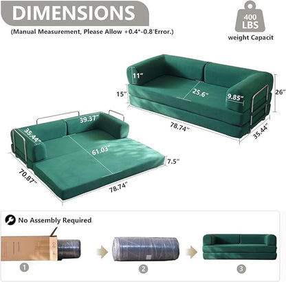 79'' Convertible Sleeper Sofa Bed, 3-in-1 Foldable Floor Couch with Corduroy Upholstery, No Assembly Loveseat, Light Brown Lounge Mattress for Living Room, Studio, Guest Room (Light Green)