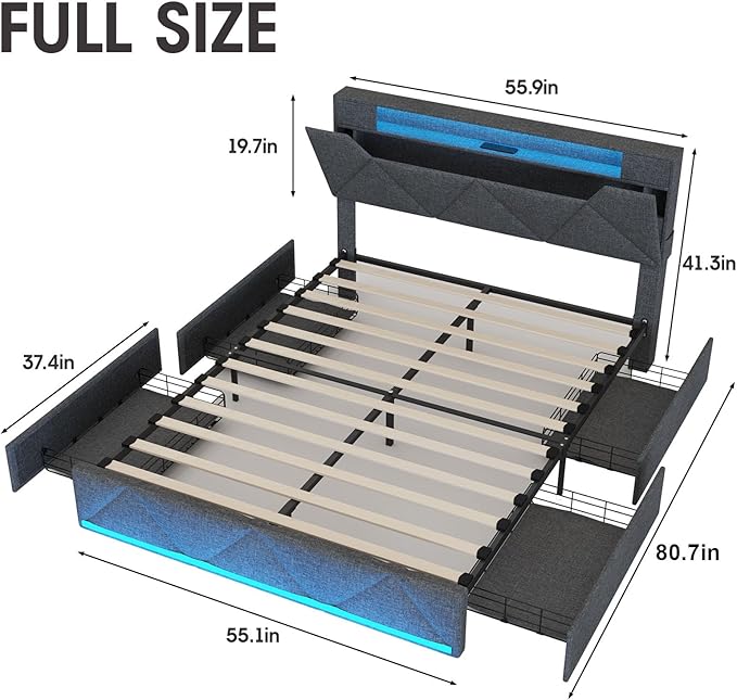 Vabches Full Size Bed Frame with Storage Headboard and 4 Drawers,Upholstered Platform with Charging Station and Led Lights,Adjustable Headboard,No Box Spring Needed,Dark Grey