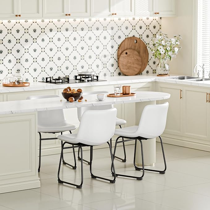 Dining Chairs Set of 6, 18 Inch Modern Armless Dining Chair with Back, Faux Leather Kitchen Dining Room Chair with Metal Legs for Home, Bistro Coffee Shops (White)