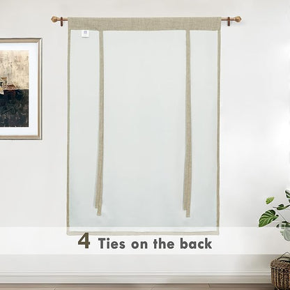 DriftAway Double Layer Linen Blackout Tie Up Curtains Thermal Insulated Fully Lined Balloon Roman Shade Bathroom Window Adjustable Rod Pocket for Small Window 45 Inch by 63 Inch Light Khaki Linen