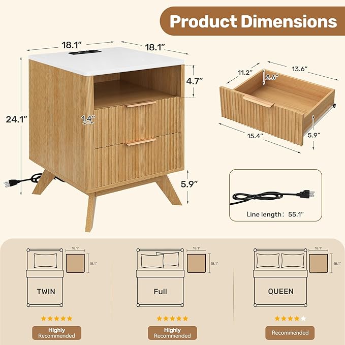 Modern Nightstand Set of 2, Bedside Tables with Charging Station & Drawer, Mid-Century End Tables for Bedroom, Sturdy Storage Side Tables,Natural Oak