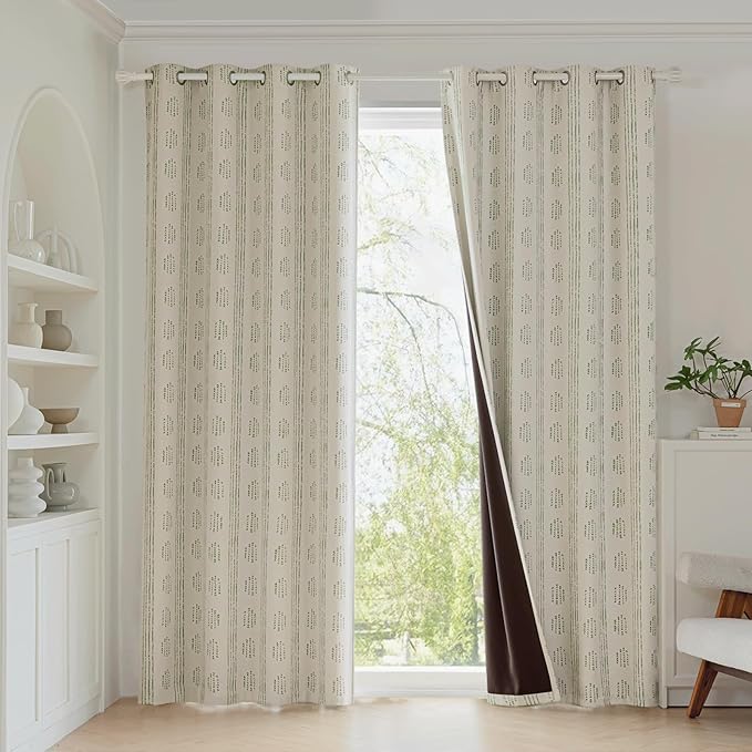 100% Boho Blackout Curtains 90 Inches Long for Bedroom, Green on Beige Patterned Bohemian Curtains for Living Room, Geometric Striped Thermal Insulated Window Drapes Gromment Top 2 Panels