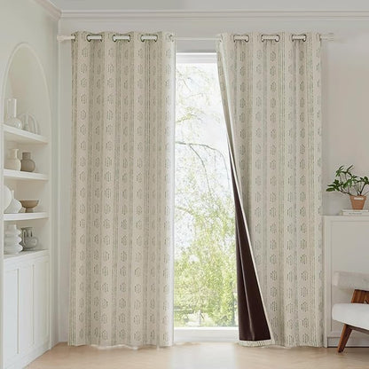 100% Boho Blackout Curtains 90 Inches Long for Bedroom, Green on Beige Patterned Bohemian Curtains for Living Room, Geometric Striped Thermal Insulated Window Drapes Gromment Top 2 Panels