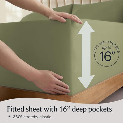 LuxClub 4 PC King Sheet Set, Deep Pockets Wrinkle Free Cooling Bed Sheets Hotel Bedding for Women, Men, Includes 1 Fitted Sheet, 1 Flat Sheet and 2 Pillowcases-Soft Olive