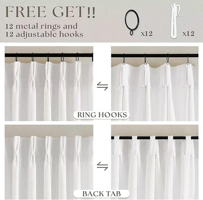 Beige White 70 Inch Wide Curtains 96 Inches Long for Living Room Light Filtering Semi Sheer Farmhouse Pleated Curtain with Hooks Rings for Patio Sliding Door Dining Room Large Window 1 Panel 70x96