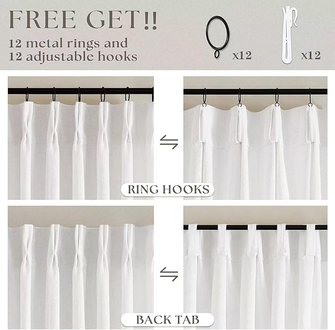 Pinch Pleated Linen 120 Inch Curtains 60 Inch Width for Living Room Light Filtering Ivory Beige White Extra Wide Patio Curtains for Sliding Door Balcony Floor Ceiling Picture Window 60x120 1 Panel