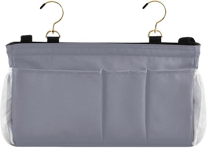 KOPIRIT Grey Bedside Caddy Storage Bag Bedside Organizer for Dorm Room Top Bunk Bed Organizer Caddy Hanging Shelf 6 Pockets with Hooks for Book Glasses Phone Holder
