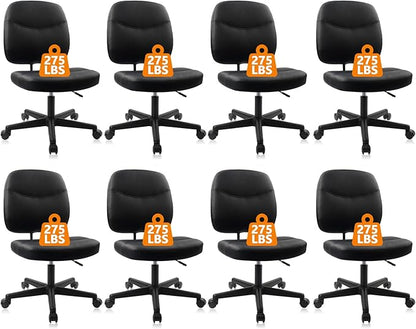 CLATINA Armless Home Office Chair, Small PU Leather Ergonomic Low Back Desk Chair with Lumbar Support and Wheels, Adjustable Height 360° Swivel Rolling Computer Task Chair, Black, 8 Pack
