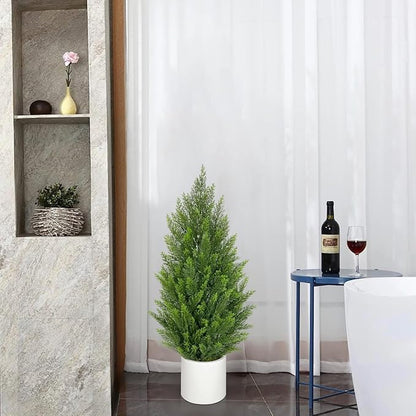 Briful 2PCS 3ft Artificial Cedar Topiary Trees in White Planter – Compact Faux Evergreen Potted Plants with Dense Realistic Layered Leaves, Lifelike Fake Trees for Home, Office, Patio, Porch