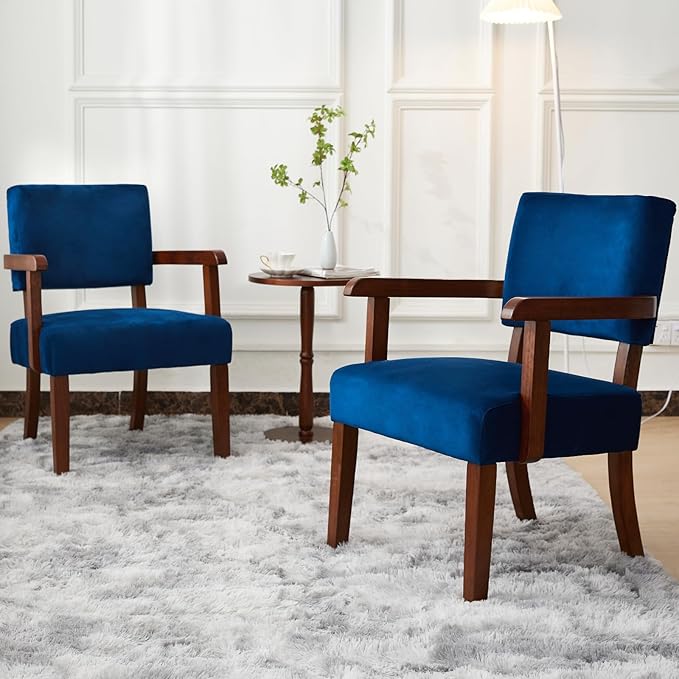 Accent Chair Set of 2 with Table, Living Room Chairs with Velvet Soft Seat & Armrests for Living Room Bedroom Reading Room Waiting Room (Velvet Navy)