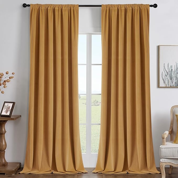 Joydeco Mustard Yellow 100% Blackout Curtains 90 Inch 2 Panels, Luxury Thermal Yellow Velvet Curtains for Bedroom Living Room, Soundproof Blackout Window Drapes, Rod Pocket & Back Tab (52W x 90L)