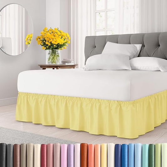 Wrap Around Dust Ruffle Bed Skirt - Yellow - for King Size Beds with 15 Inch Drop - Easy Fit Elastic Strap - Adjustable Pleated Bedskirt w/Brushed Fabric - Wrinkle Free - for Women, Men, Kids & Teens