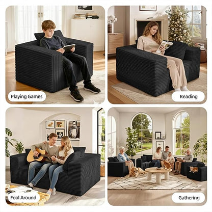 2-Seater Deep-Seat Corduroy Lounge Sleeper Sofa - No Assembly, Frameless Foam Cloud Couch for Living Room, Bedroom, Apartment, Dorm, Office