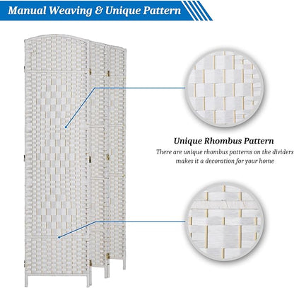 VINGLI 6-Panels Tall Rattan Room Divider, 6 FT Folding Privacy Screen, Indoor Partition Wall Dividers, Freestanding Hinged Space Separator (White)
