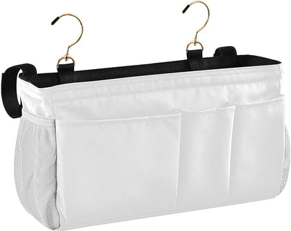 KOPIRIT White Bedside Caddy Storage Bag Bedside Organizer for Bunk Bed Headboards College Hanging Storage Organizer 6 Pockets with Hooks for Drinks Magazine Phone Holder