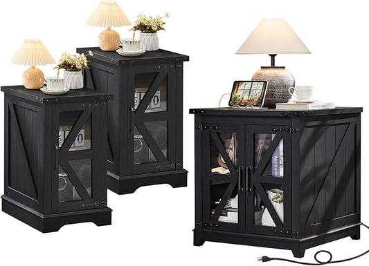 Farmhouse End Table Set 3, Narrow 18'' Night Stand with Glass Barn Door, 24" Square Side Table with Charger Station, Living Room Furniture Sets, Wood Nightstand Bedside Tables for Bedroom